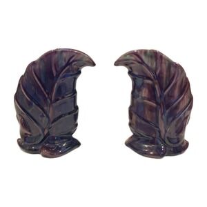 Pair of MCM Royal Haeger Brown Green Briar Agate Leaf‎ Pottery Vase 6" H